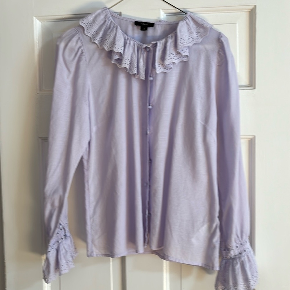 J Crew lilac color button down shirt with lacey collar and sleeves